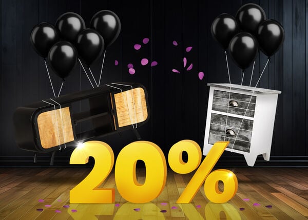 Μαύρη κονσόλα τηλεόρασης και λευκό πλαϊνό τραπέζι με μαύρα μπαλόνια μπροστά από ένα φωτεινό κίτρινο σήμα 20% σε σκούρο ξύλινο πάτωμα.