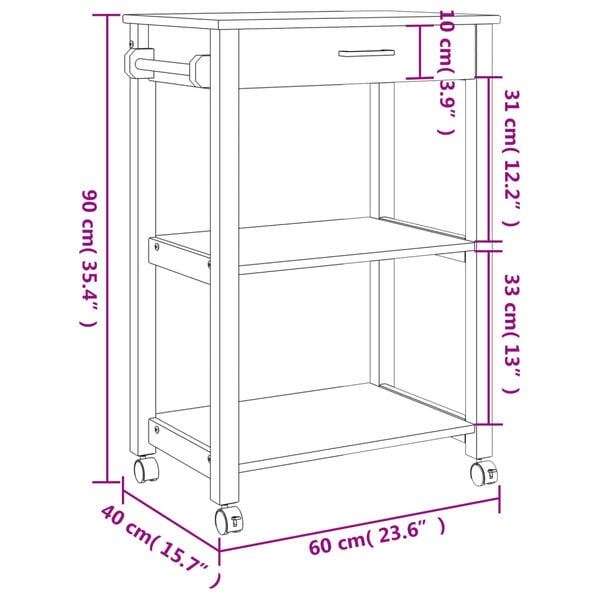 vidaXL Τρόλεϊ Κουζίνας MONZA 60x40x90 εκ. από Μασίφ Ξύλο Πεύκου