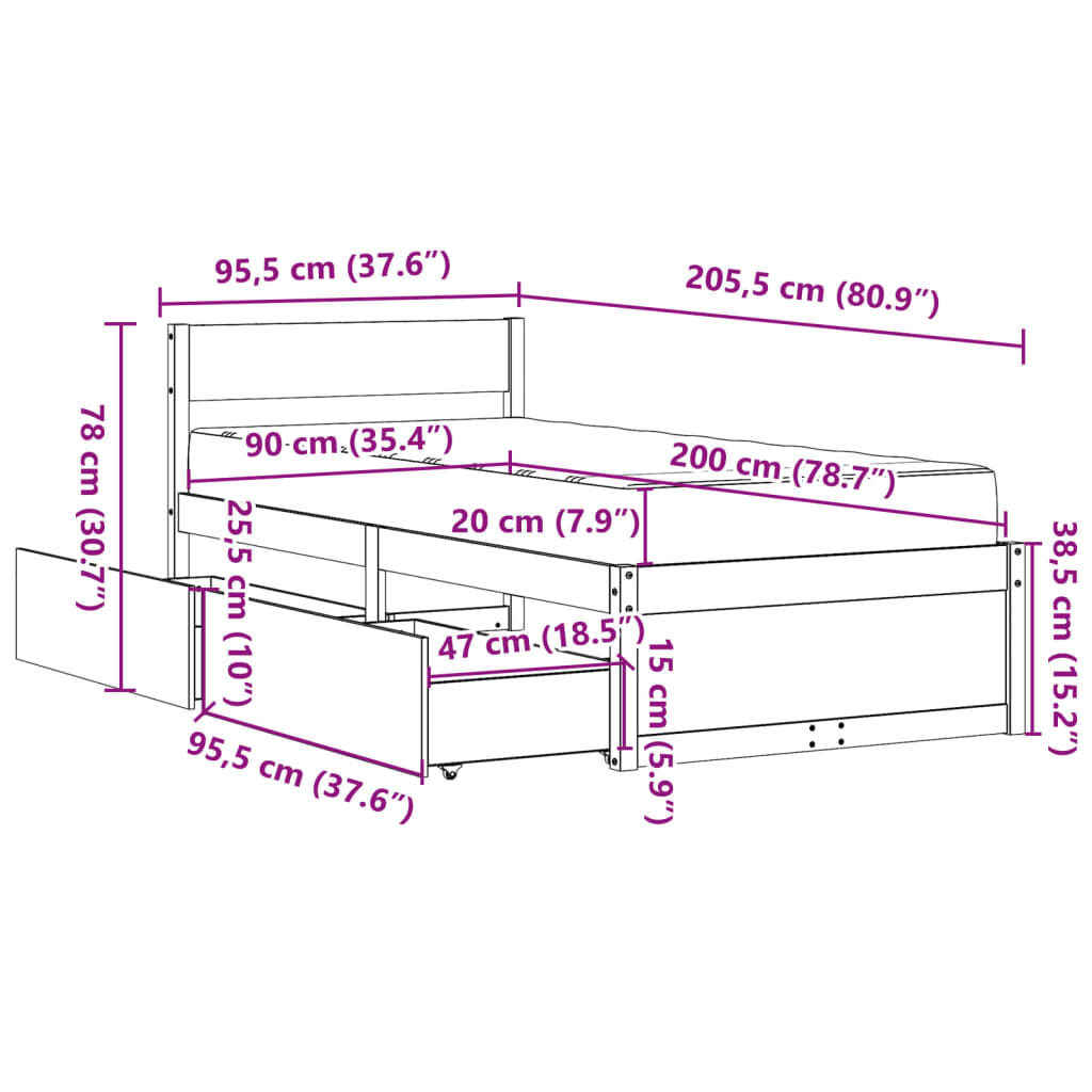 vidaXL Κρεβάτι με Συρτάρια και Στρώμα 90x200 εκ. Μασίφ Ξύλο Πεύκου