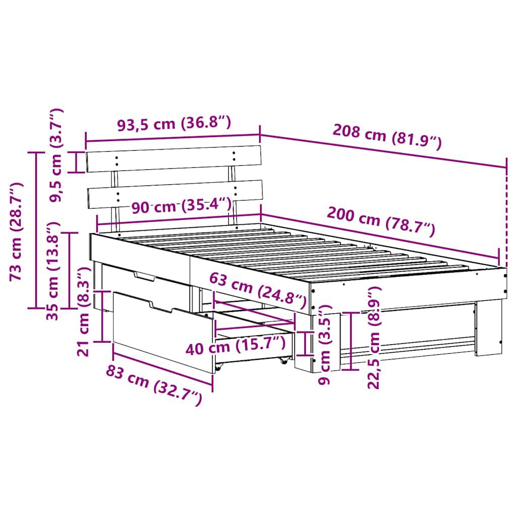 vidaXL Σκελετός Κρεβατιού Λευκό 90 x 200 cm Μασίφ ξύλο πεύκου