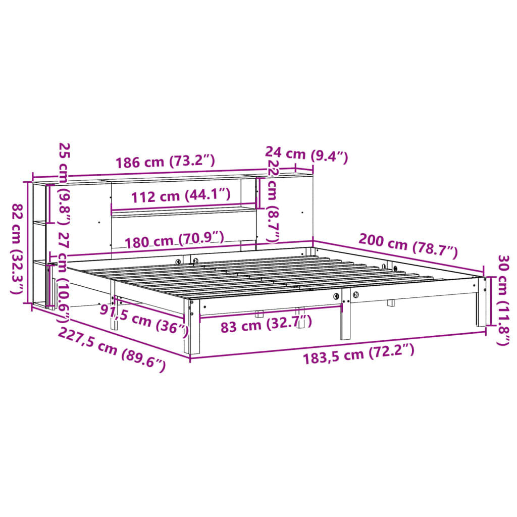 vidaXL Κρεβάτι Βιβλιοθήκη Χωρίς Στρώμα 180x200 εκ Μασίφ Ξύλο Πεύκου