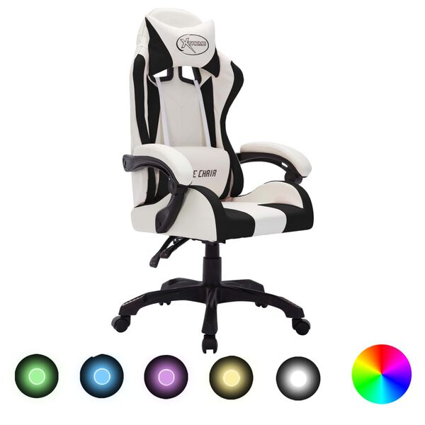 vidaXL Καρέκλα Racing με Φωτισμό RGB LED Ασπρόμαυρη Συνθετικό Δέρμα