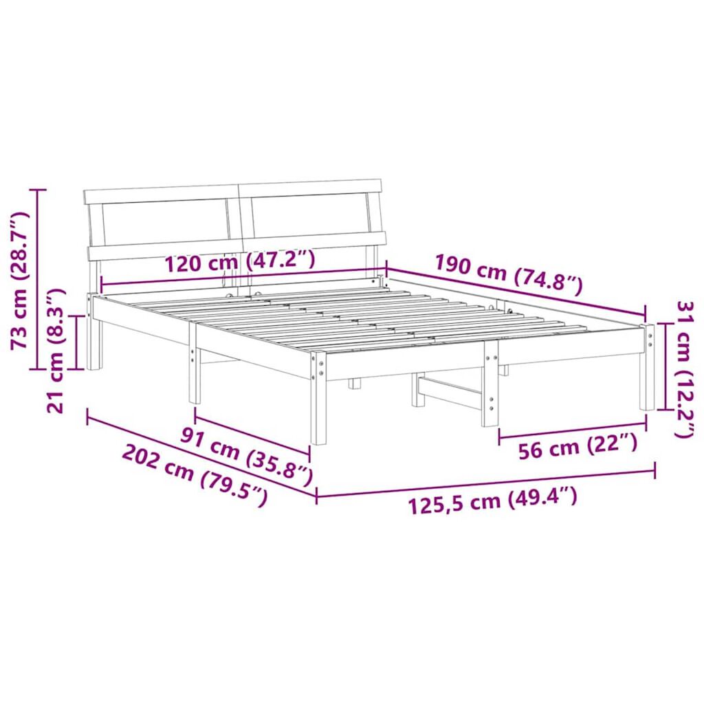 vidaXL Σκελετός Κρεβατιού Καφέ 120 x 190 cm Μασίφ ξύλο πεύκου