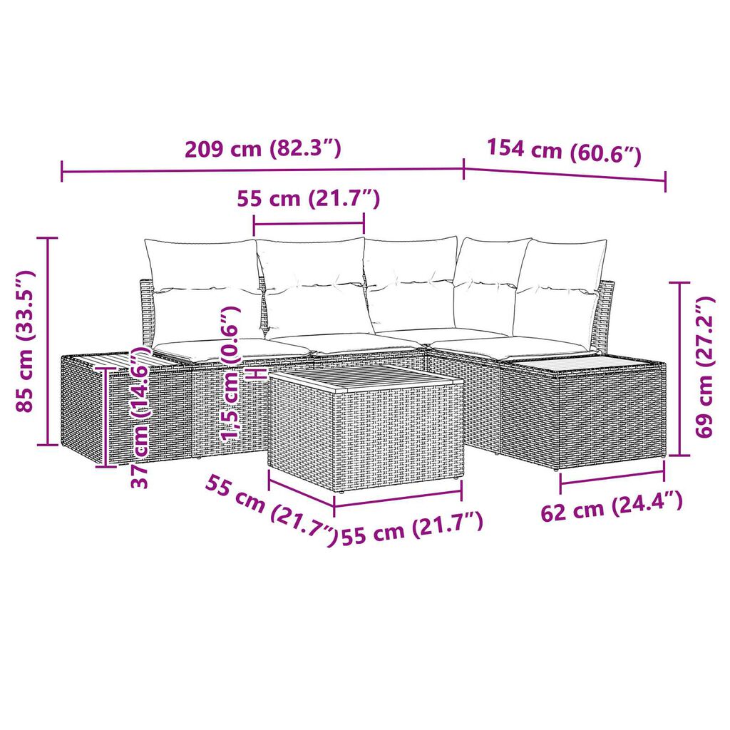 vidaXL Σετ Καναπέ Κήπου με μαξιλάρι 5 pcs Μαύρο Πολυ ράταν