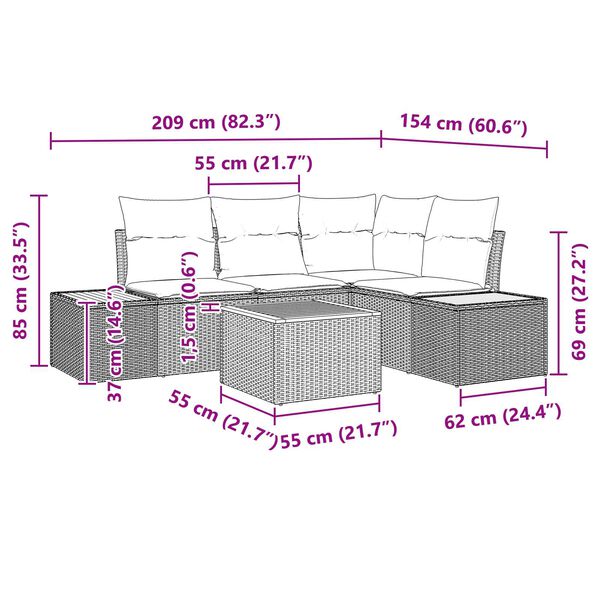 vidaXL Σετ Καναπέ Κήπου με μαξιλάρι 5 pcs Μαύρο Πολυ ράταν