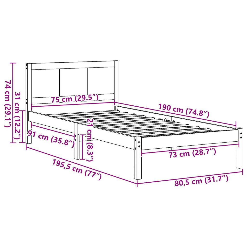 vidaXL Σκελετός Κρεβατιού Λευκό 75 x 190 cm Μασίφ ξύλο πεύκου