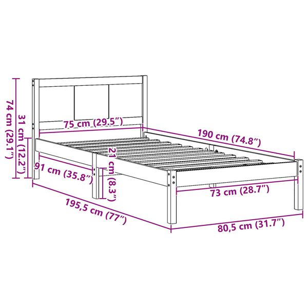 vidaXL Σκελετός Κρεβατιού Λευκό 75 x 190 cm Μασίφ ξύλο πεύκου