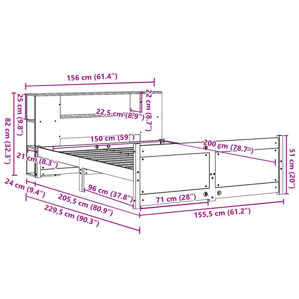vidaXL Κρεβάτι Βιβλιοθήκη Χωρίς Στρώμα 150x200 εκ Μασίφ Ξύλο Πεύκου