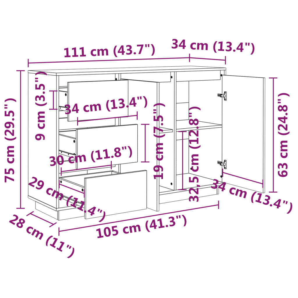 vidaXL Συρταριέρα Γκρι 111x34x75 εκ. από Μασίφ Ξύλο Πεύκου
