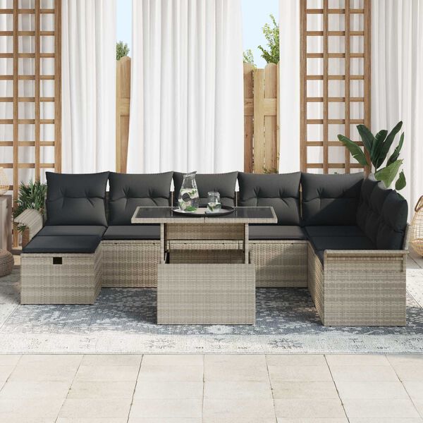 vidaXL Σετ Καναπέ Κήπου με μαξιλάρι 9 pcs Ανοιχτό γκρι Πολυ ράταν