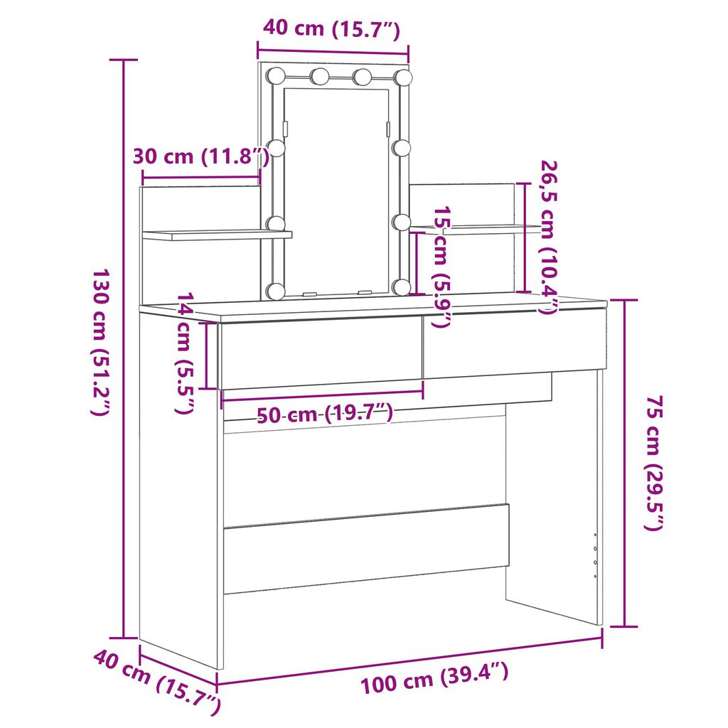 vidaXL Τραπέζι Μακιγιάζ με LED Ξύλο Artisan 100x40x130 εκ