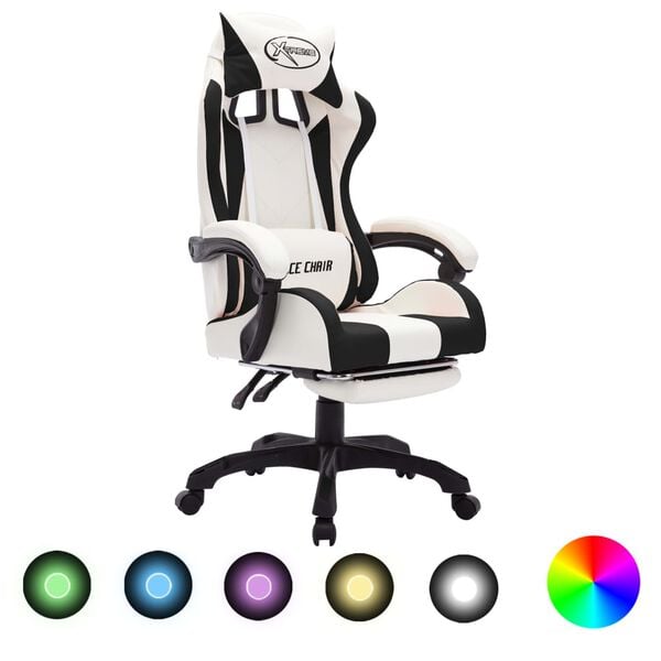 vidaXL Καρέκλα Racing με Φωτισμό RGB LED Ασπρόμαυρη Συνθετικό Δέρμα