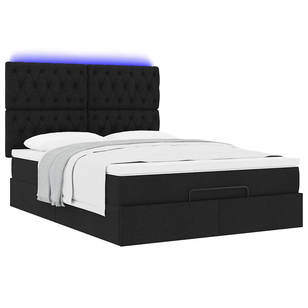 vidaXL Οθωμανικό κρεβάτι με στρώμα & LEDs Μαύρο 140x200 cm Ύφασμα