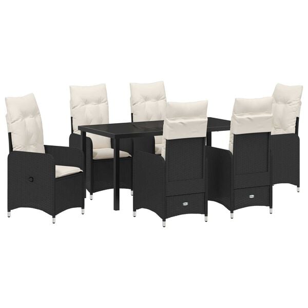 vidaXL Σέτ φαγητού για κήπο με μαξιλάρι 7 pcs Μαύρο Πολυ ράταν