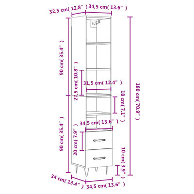 vidaXL Ντουλάπι Γυαλ. Λευκό 34,5 x 34 x 180 εκ. από Επεξεργασμένο Ξύλο
