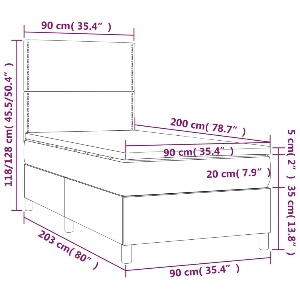 vidaXL Κρεβάτι Boxspring με Στρώμα & LED Μαύρο 90x200 εκ. Βελούδινο