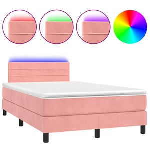vidaXL Κρεβάτι Boxspring με Στρώμα & LED Ροζ 120x190 εκ. Βελούδινο