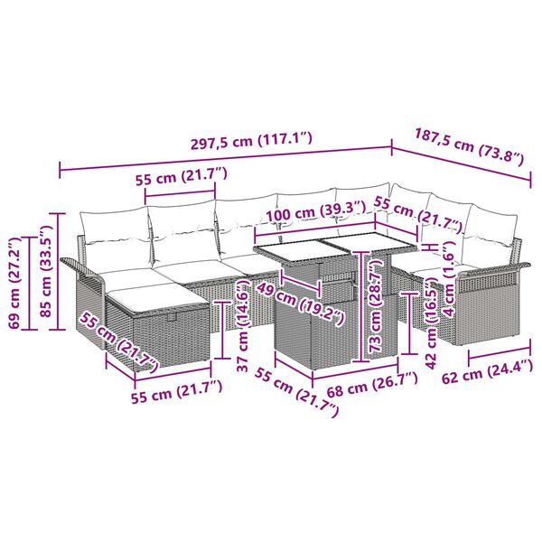 vidaXL Σετ Καναπέ Κήπου με μαξιλάρι 9 pcs Ανοιχτό γκρι Πολυ ράταν