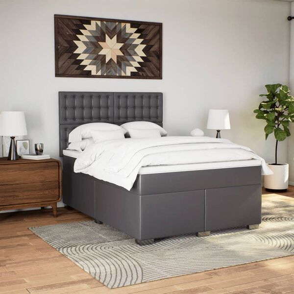 vidaXL Κρεβάτι Boxspring με Στρώμα Γκρι 140x190εκ. από Συνθετικό Δέρμα