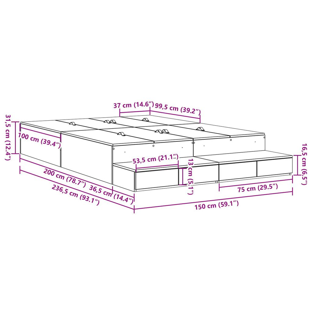 vidaXL Κρεβάτι Αποθήκευσης Μαύρο Δρυς 150x200 εκ