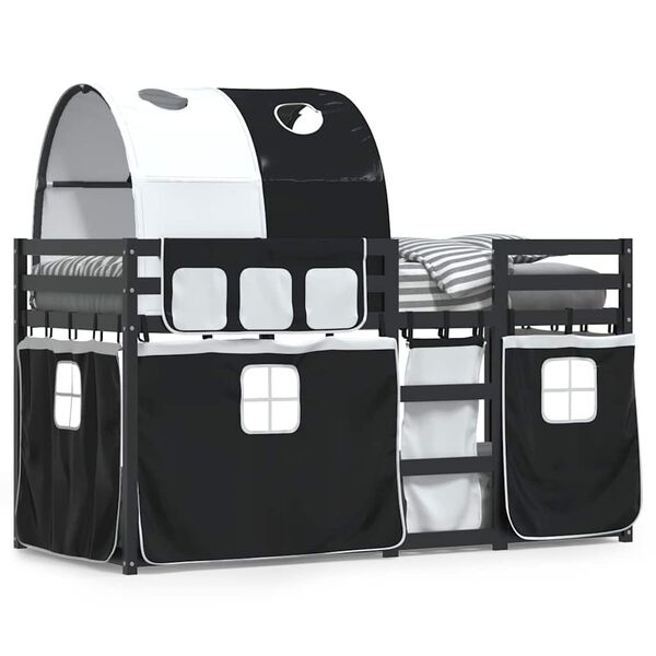 vidaXL Κουκέτα με Κουρτίνες Λευκό/Μαύρο 90x190 εκ. Μασίφ Ξύλο Πεύκου