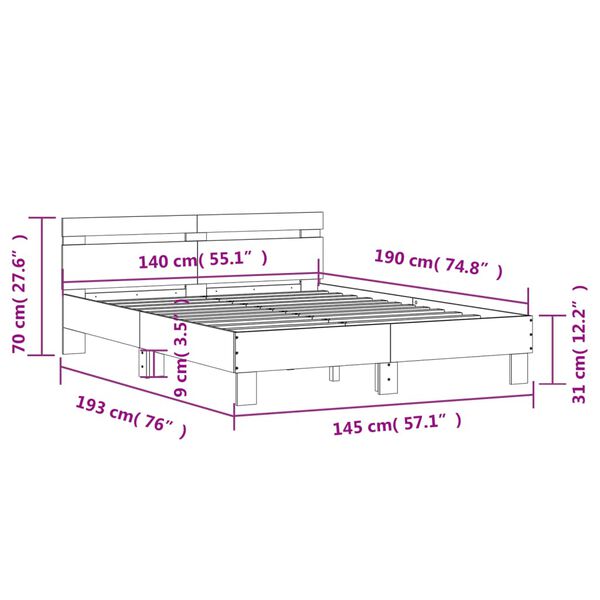 vidaXL Πλαίσιο Κρεβατιού με Κεφαλάρι Μαύρο140x190εκ.Επεξεργασμένο Ξύλο