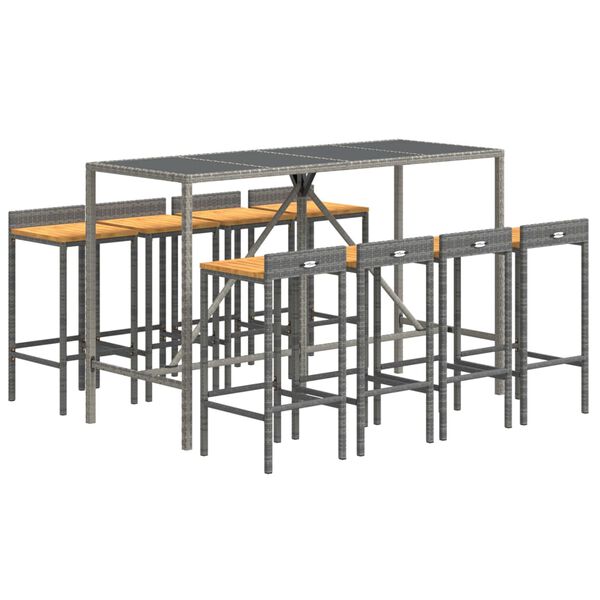 vidaXL Σετ Μπαρ Κήπου 9 Τεμαχίων Γκρι Συνθ. Ρατάν & Μασίφ Ξύλο Ακακίας