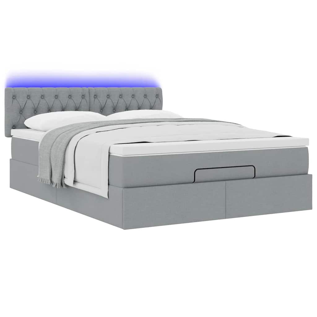 vidaXL Οθωμανικό κρεβάτι με στρώμα & LEDs Ανοιχτό γκρι ύφασμα