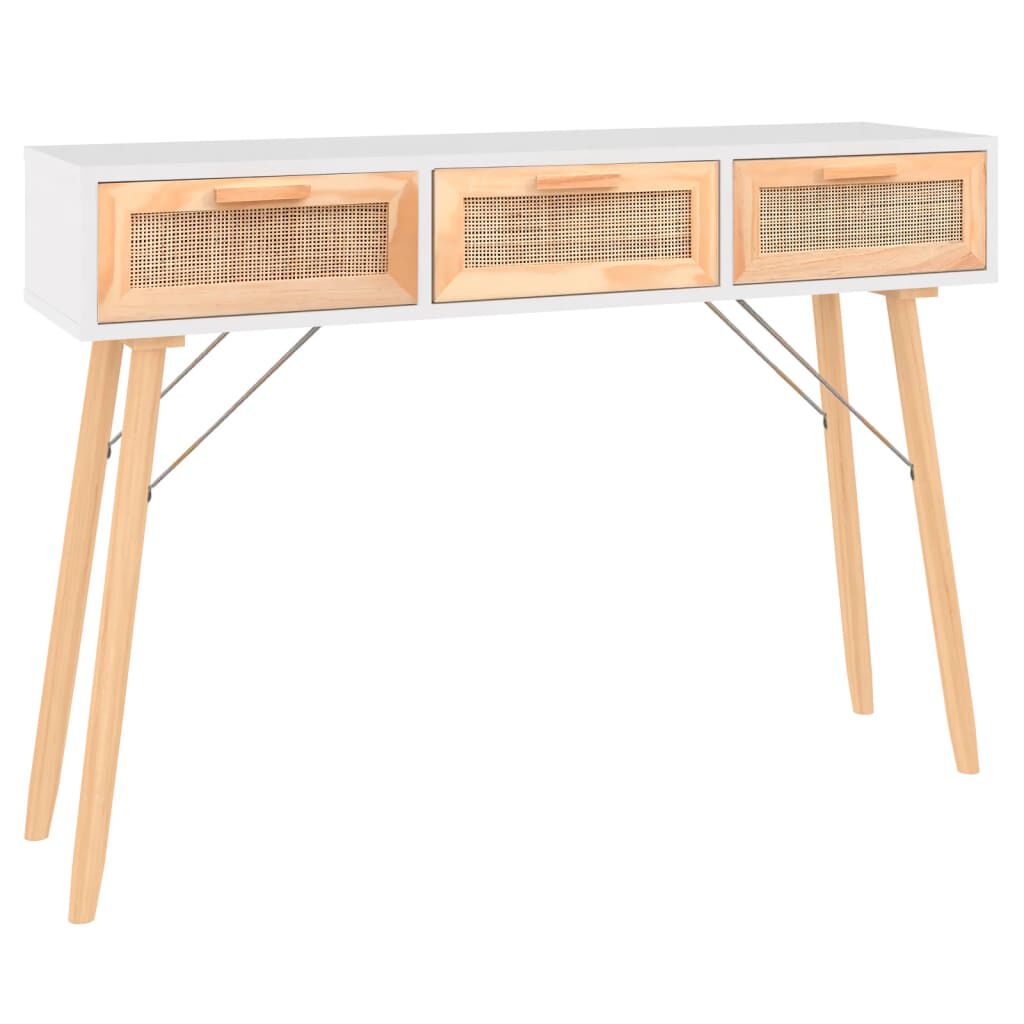 vidaXL Τραπέζι Κονσόλα Λευκό 105x30x75 εκ. Μασίφ Πεύκο & Φυσικό Ρατάν