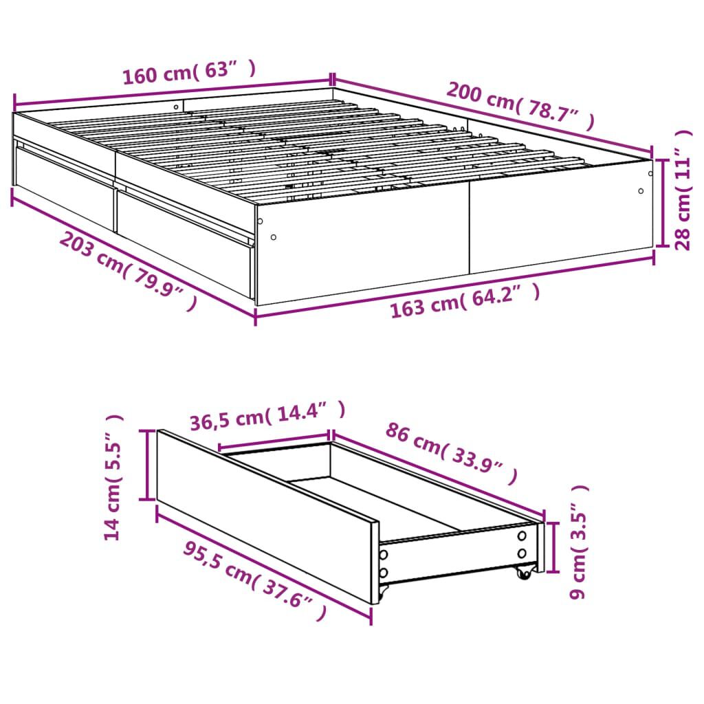vidaXL Πλαίσιο Κρεβατιού με Συρτάρια Μαύρο 160x200 εκ Επεξεργ. Ξύλο
