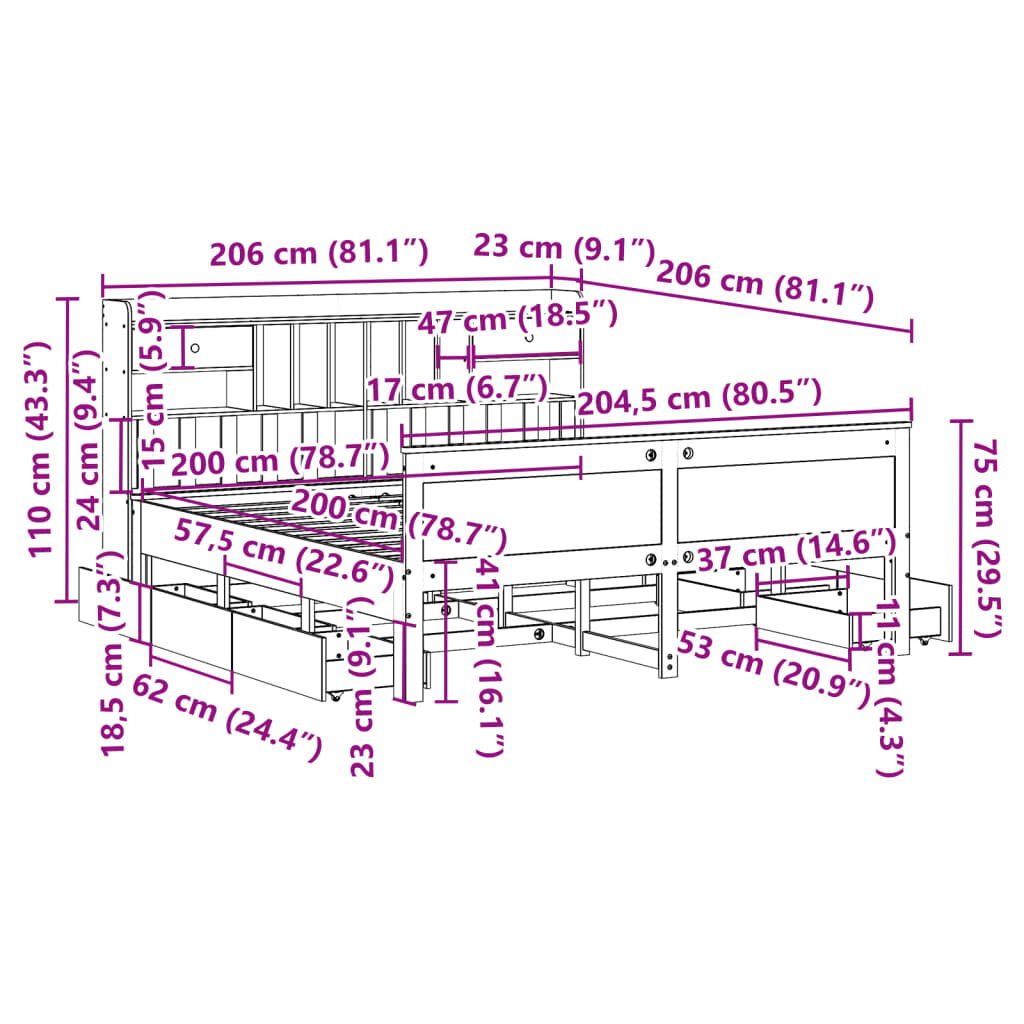 vidaXL Κρεβάτι Βιβλιοθήκη Χωρίς Στρώμα 120x190 εκ Μασίφ Ξύλο Πεύκου