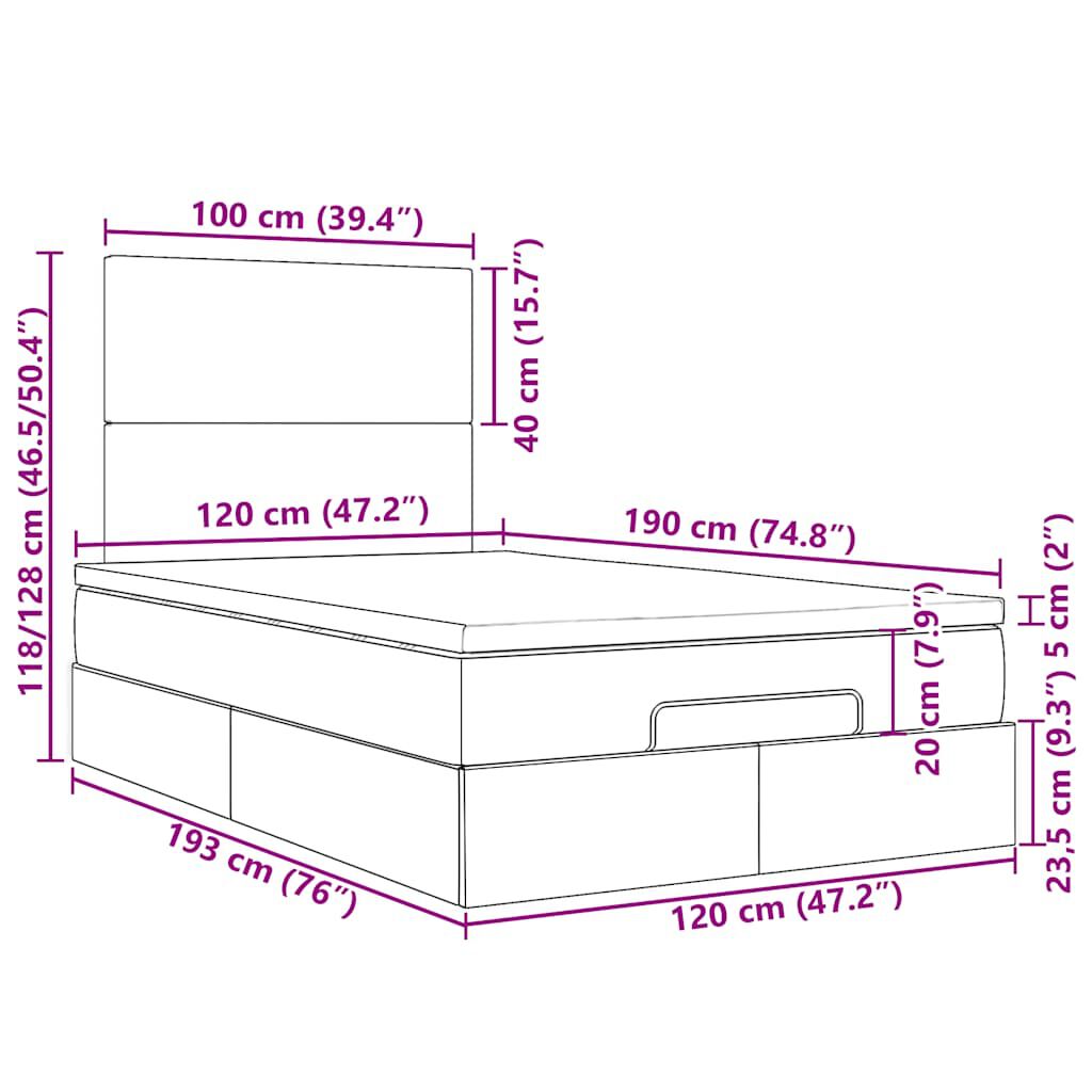vidaXL Οθωμανικό κρεβάτι με στρώμα & LEDs Σκούρο καφέ 120x190cm ύφασμα