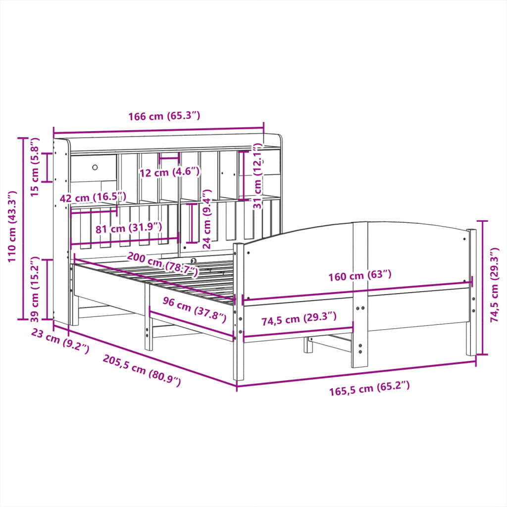 vidaXL Κρεβάτι Βιβλιοθήκη Χωρίς Στρώμα 160x200 εκ Μασίφ Ξύλο Πεύκου