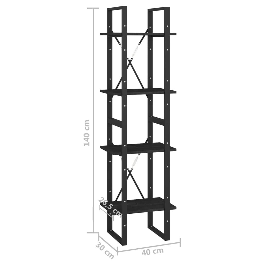vidaXL Βιβλιοθήκη με 4 Ράφια Μαύρη 40x30x140 εκ. από Μασίφ Ξύλο Πεύκου