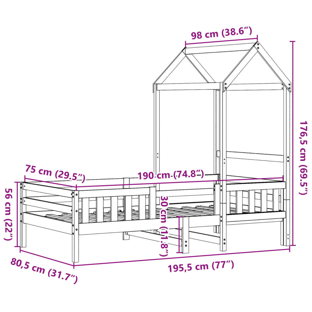 vidaXL Πλαίσιο Κρεβατιού με Οροφή Καφέ 75x190 εκ. Μασίφ Ξύλο Πεύκου