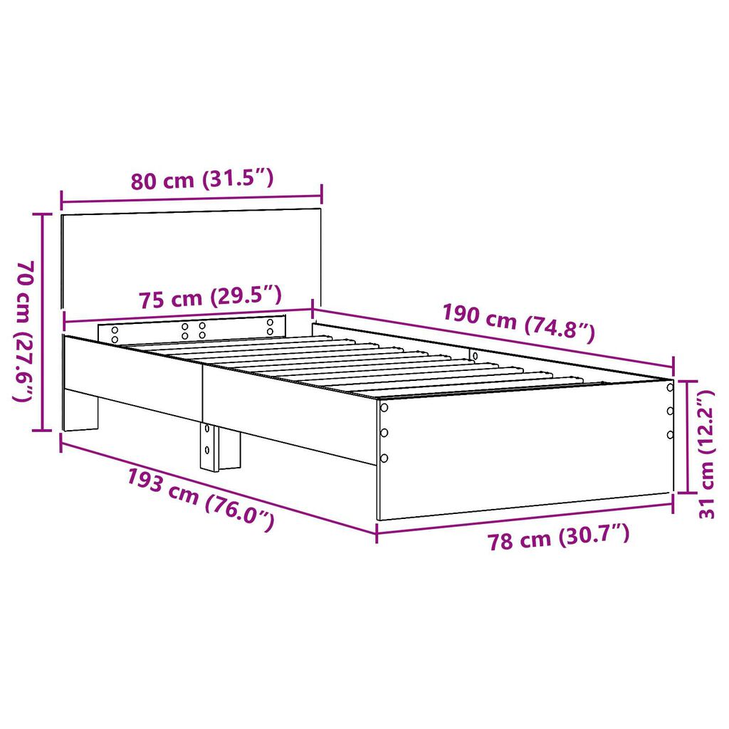 vidaXL Κρεβάτι χωρίς στρώμα με κεφαλάρι δρυς 75x190 εκ.
