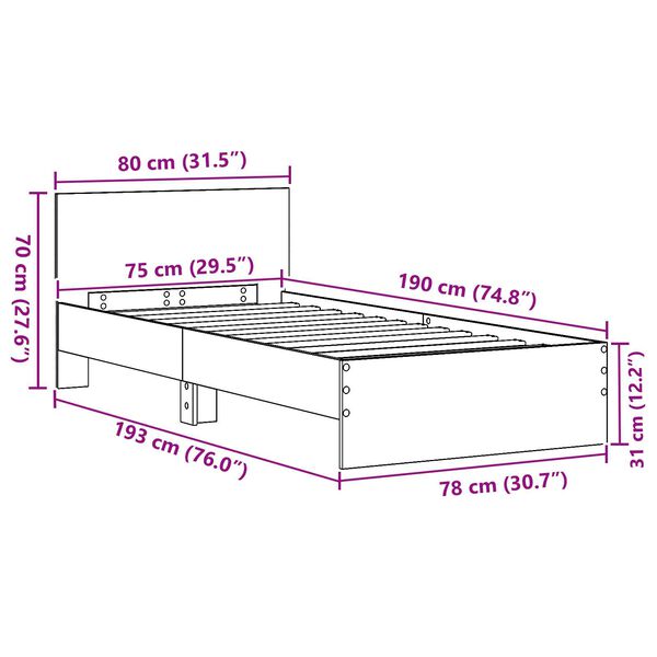 vidaXL Κρεβάτι χωρίς στρώμα με κεφαλάρι δρυς 75x190 εκ.