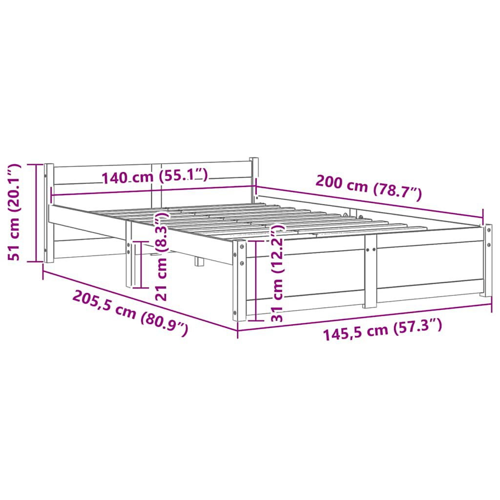vidaXL Σκελετός Κρεβατιού Χωρίς Στρώμα 140x200 εκ Μασίφ Ξύλο