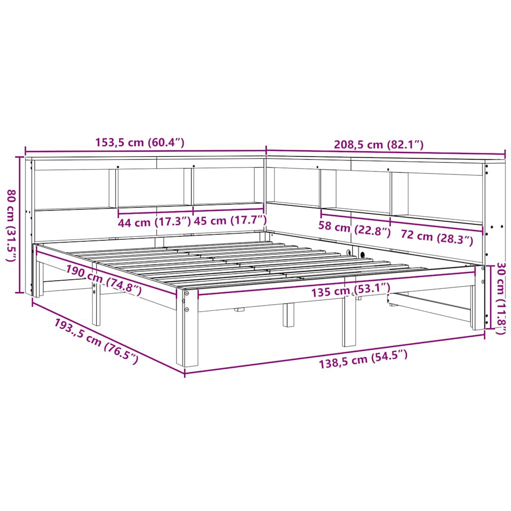 vidaXL Κρεβάτι Βιβλιοθήκη Χωρίς Στρώμα 135x190 εκ Μασίφ Ξύλο Πεύκου