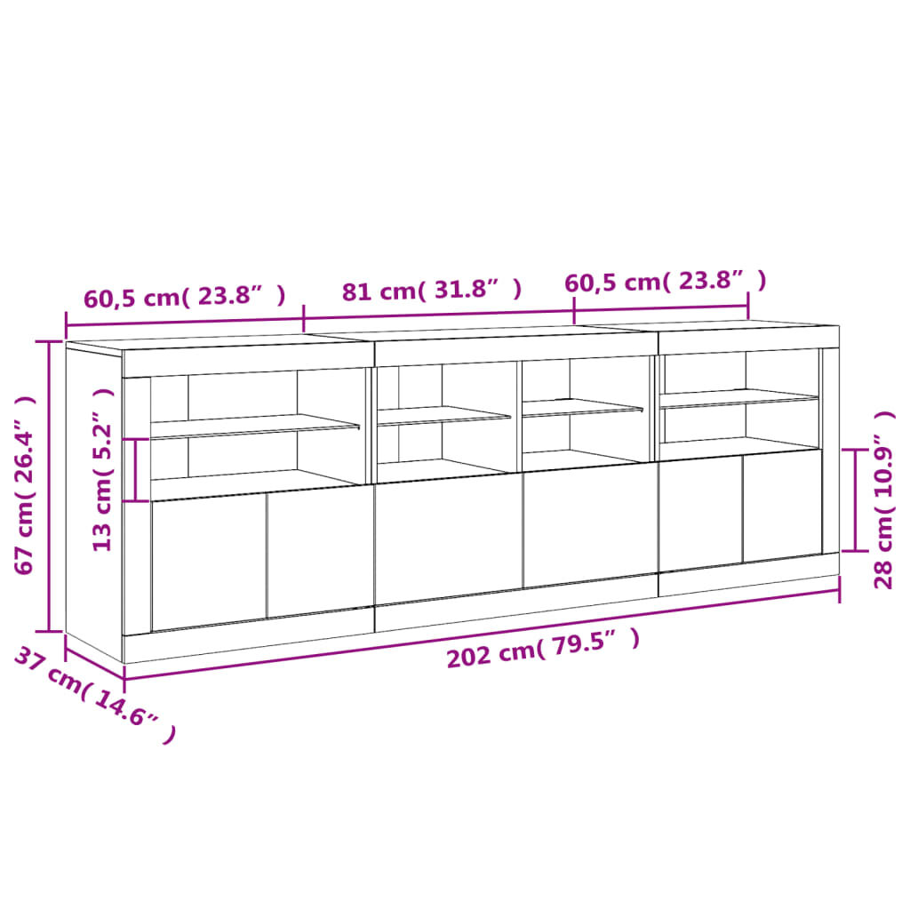 vidaXL Μπουφές με LED Sonoma Δρυς 202 x 37 x 67 εκ.