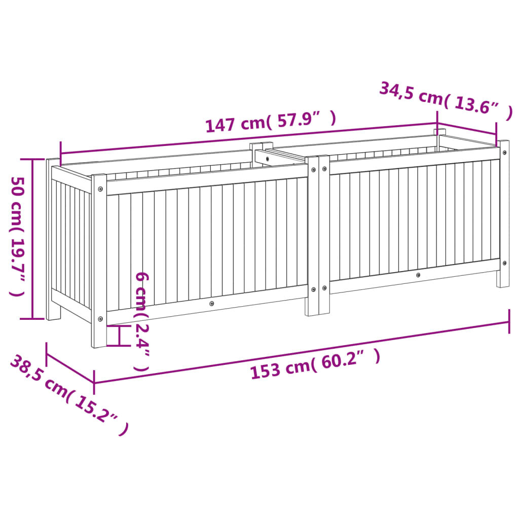 vidaXL Ζαρντινιέρα Κήπου με Επένδυση 153x38,5x50εκ. Μασίφ Ξύλο Ακακίας