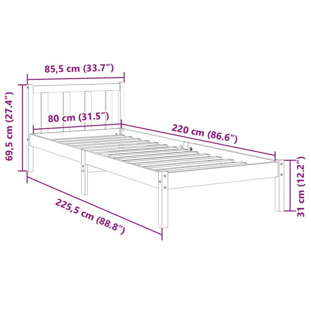 vidaXL Πλαίσιο Κρεβατιού Μακρύ Χωρίς Στρώμα 80x220 εκ Μασίφ Πεύκο