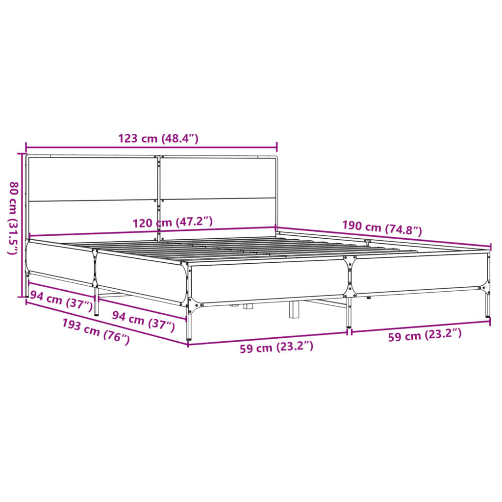 vidaXL Πλαίσιο Κρεβατιού Γκρι Sonoma 120 x 190εκ. Επεξ. Ξύλο & Μέταλλο