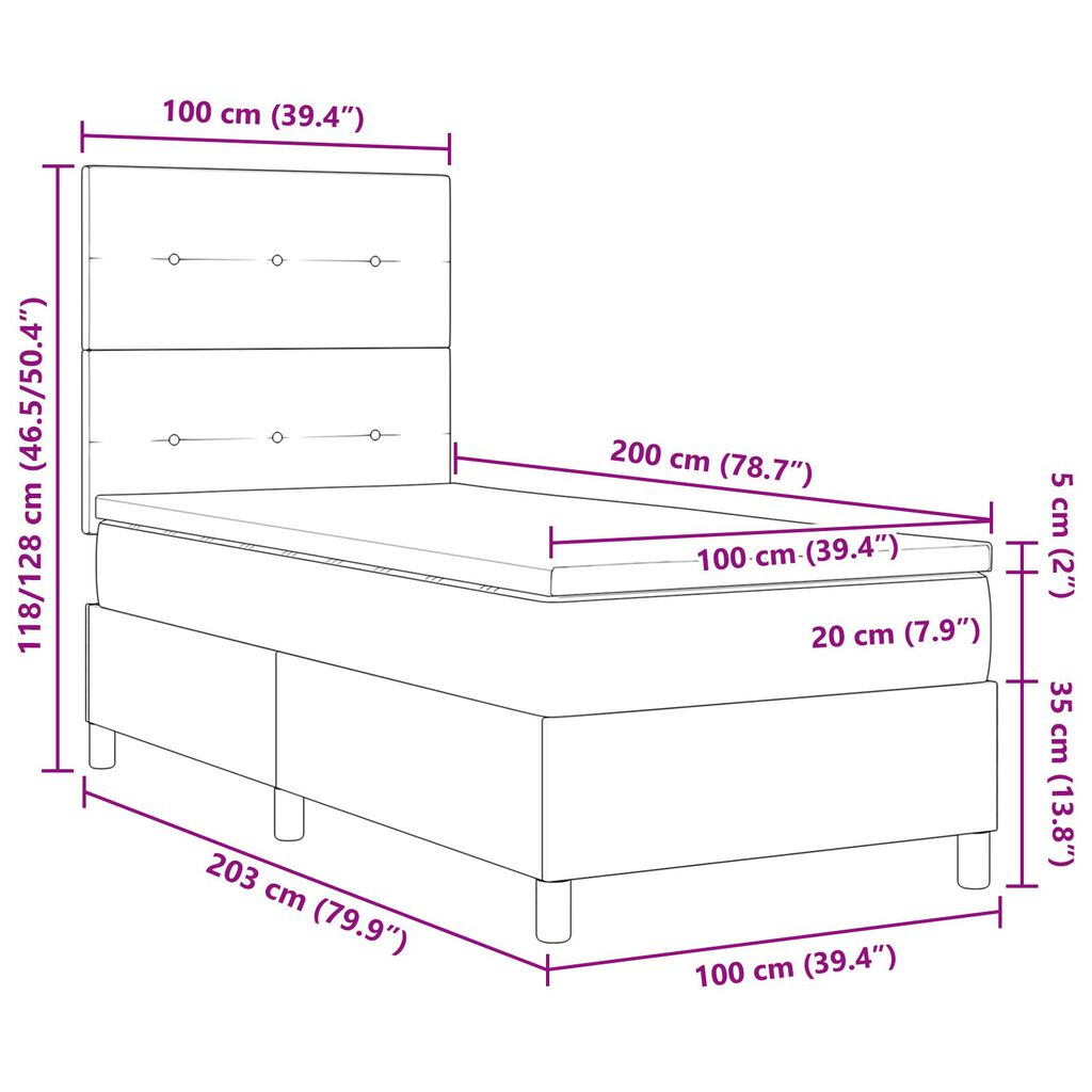 vidaXL Κρεβάτι Box Spring με στρώμα & LED μπεζ 100x200 εκ. Ύφασμα