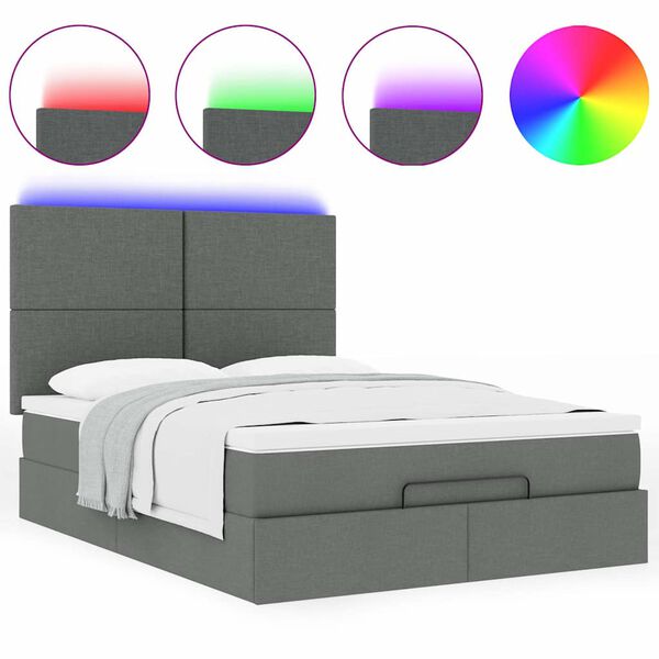 vidaXL Οθωμανικό κρεβάτι με στρώμα & LEDs Σκούρο γκρι 140x190cm Ύφασμα