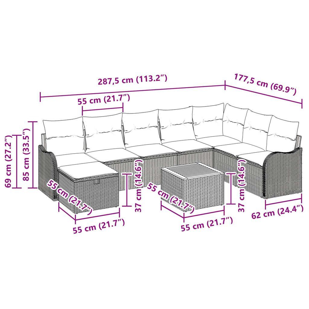 vidaXL Σετ Καναπέ Κήπου με μαξιλάρι 9 pcs Μπεζ Πολυ ράταν