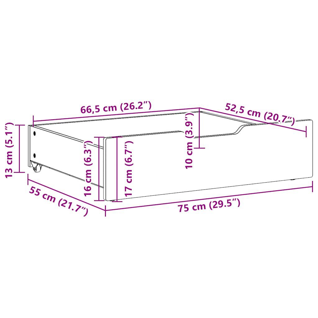 vidaXL Συρτάρια Κρεβατιού 2 τεμ 75x55x17 εκ. Καφέ Κεριού Μασίφ Πεύκο