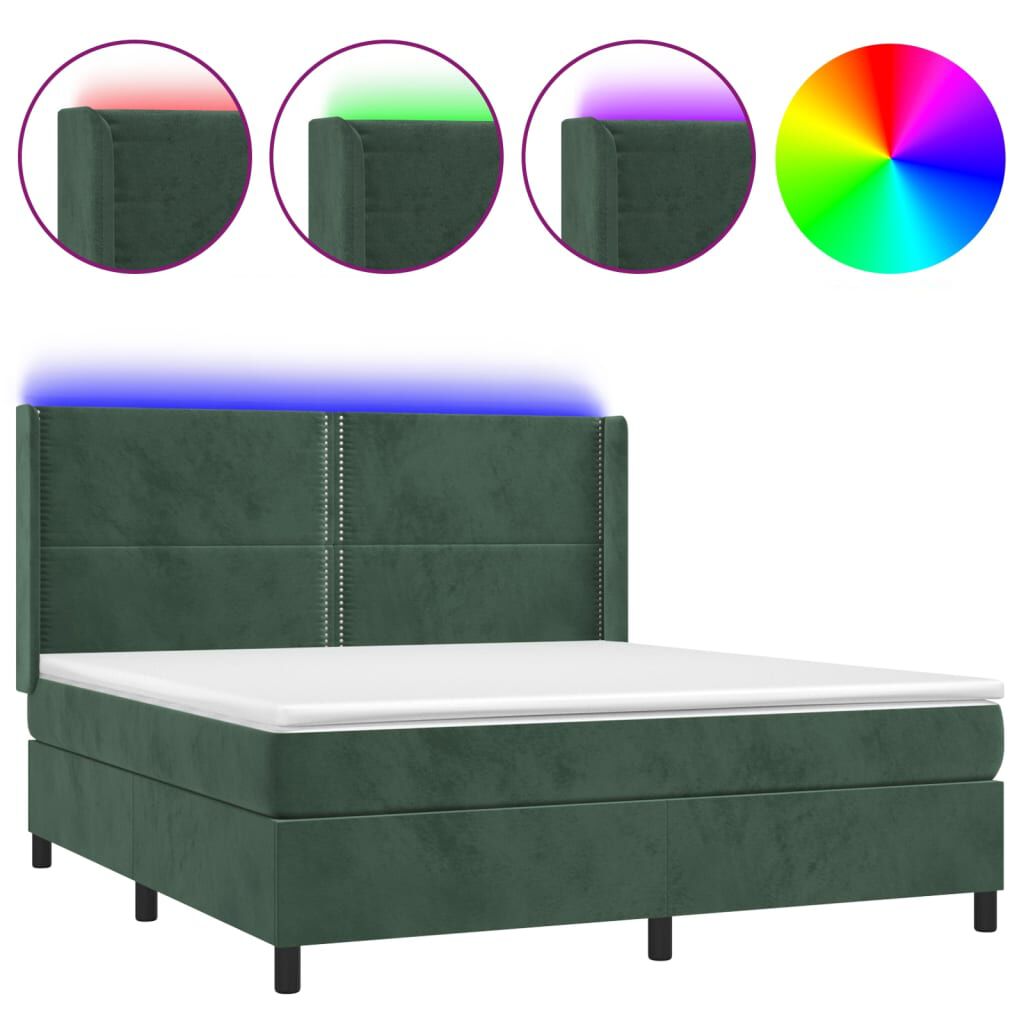 vidaXL Κρεβάτι Boxspring με Στρώμα & LED Σκ. Πράσινο 180x200εκ Βελούδο