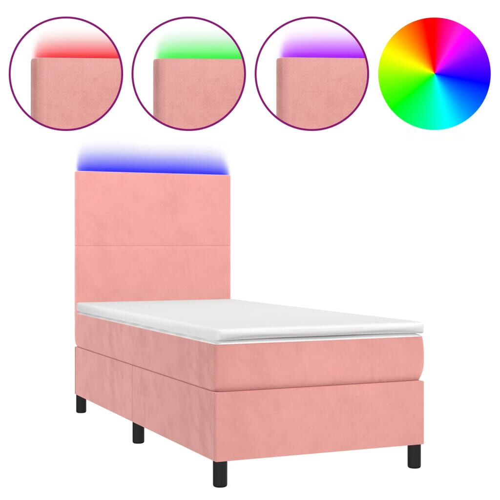 vidaXL Κρεβάτι Boxspring με Στρώμα & LED Ροζ 90x190 εκ. Βελούδινο