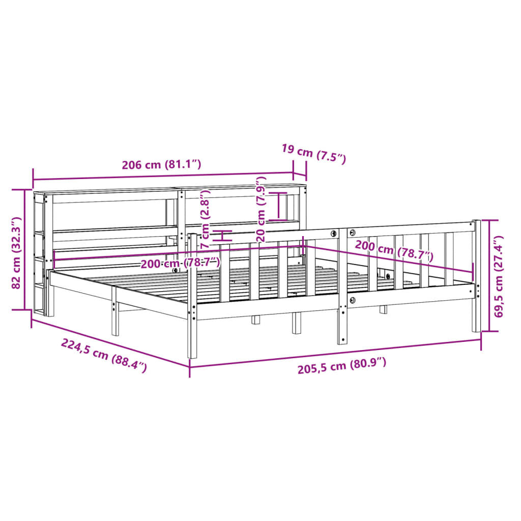 vidaXL Πλαίσιο Κρεβατιού με Κεφαλάρι 200x200 εκ Μασίφ Ξύλο Πεύκου